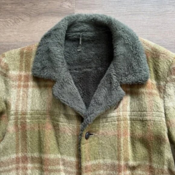 Vintage 60s 70s Wool Lumberjack Coat Jacket Sherpa Lined Men's Sz L Green Plaid - Picture 2 of 5